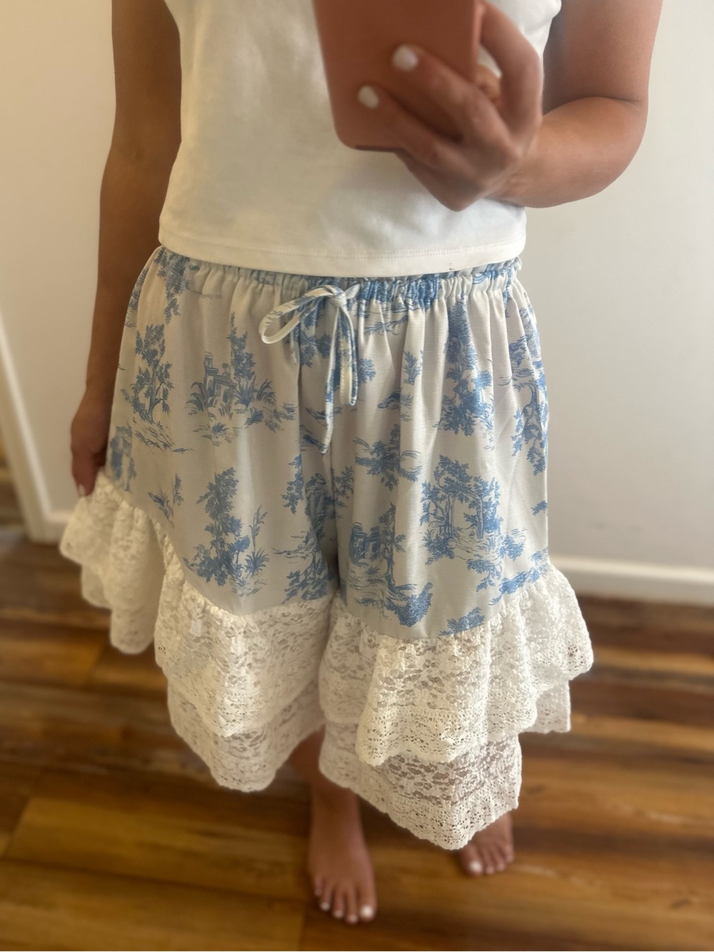 Blue Boho Floral Bloomers knee length Pantaloons Croqutte layer Ruffle Short M